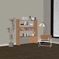 Modern Wooden Bookcase With Books Decorative Items Floor Lamp And Potted Plant Near Chair