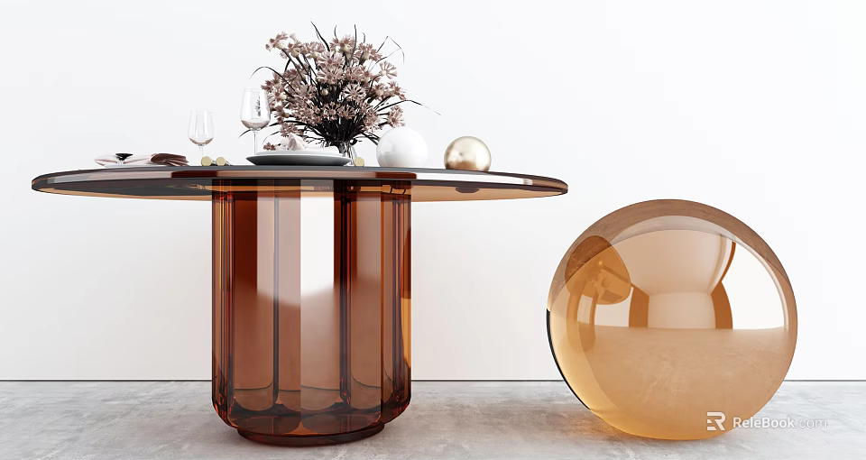 Modern Coffee Table With Transparent Top Brown Base Spherical Decor And Vase 3d model