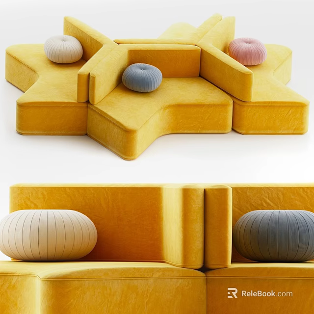 Modern Yellow Star Shaped Double Sofa With Multicolored Round Cushions 3d model 