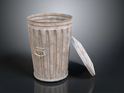 Industrial Style Metal Trash Can With Ribbed Design Handle And Open Lid 3d model