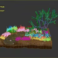 Cartoon Style Natural Scene With Small Stream Green Tree And Grass On Brown Land