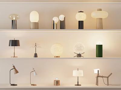 Various Modern Table Lamps Collection Displayed on Shelves with Unique Designs 3d model