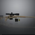 Tan Sniper Rifle With Scope Magazine And Bullets On Reflective Grey Surface