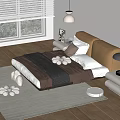 Modern Double Bed with Beige Headboard Pillows Bedspread Nightstand Table Lamp Sunlight in Minimalist Bedroom