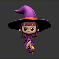 Cute Little Witch Girl Cartoon Character Wearing Purple Hat Red Belt And Purple Outfit