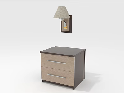 Modern Nightstand With Two Drawers Dark And Light Wood Finish And Wall Lamp 3d model