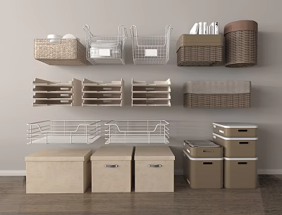 Wall Mounted Storage Baskets with Woven Metal Design Neutral Tones for Home Organization 3d model