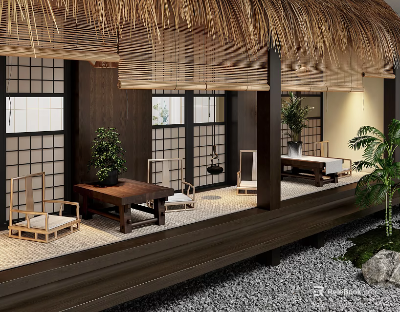 Traditional Japanese Teahouse Interior With Thatched Roof Shoji Doors And Garden 3d model 