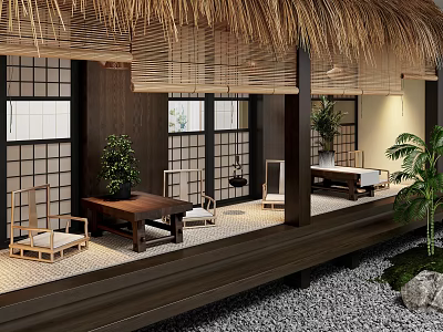 Traditional Japanese Teahouse Interior With Thatched Roof Shoji Doors And Garden 3d model