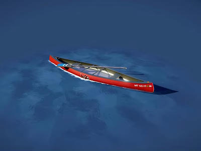 Red Canoe Floating On Blue Water With Paddle And Calm Surface 3d model