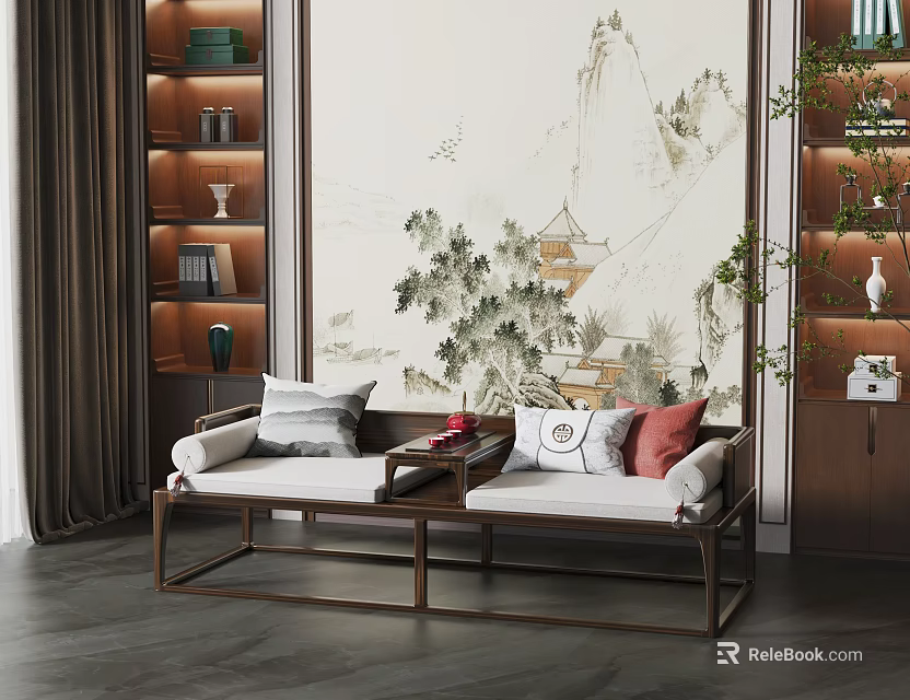 Traditional Chinese Arhat Bed Interior With Landscape Painting Wooden Bookshelves And Cushions 3d model 