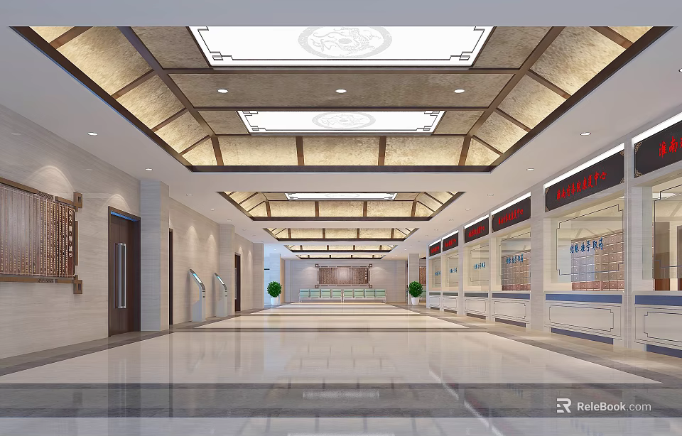 Spacious Public Hall Interior With Marble Floor Designed Ceiling And Display Panels 3d model