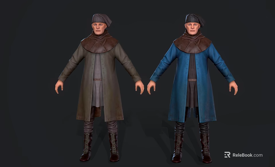 Two Men Standing In Different Colored Robes Hats And Long Boots 3d model 