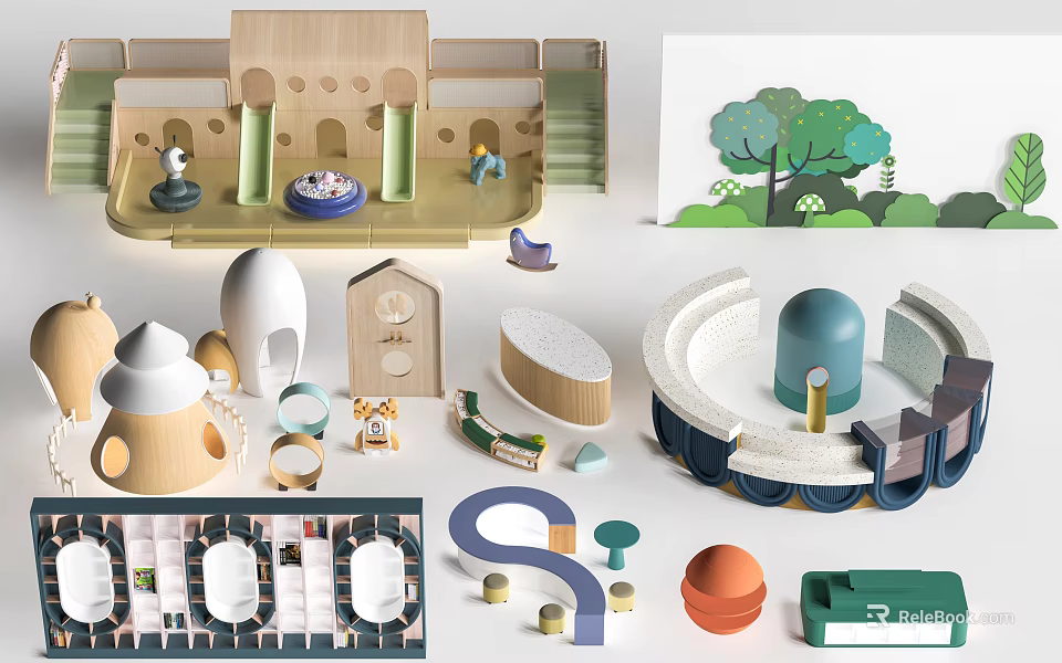 Colorful Wooden Kids Playground Equipment With Dome Structures And Interactive Slides 3d model 