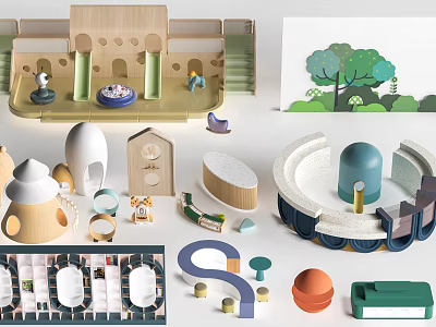 Colorful Wooden Kids Playground Equipment With Dome Structures And Interactive Slides 3d model