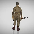Man in Khaki Military Uniform Wearing Helmet Holding Entrenching Tool and Gear