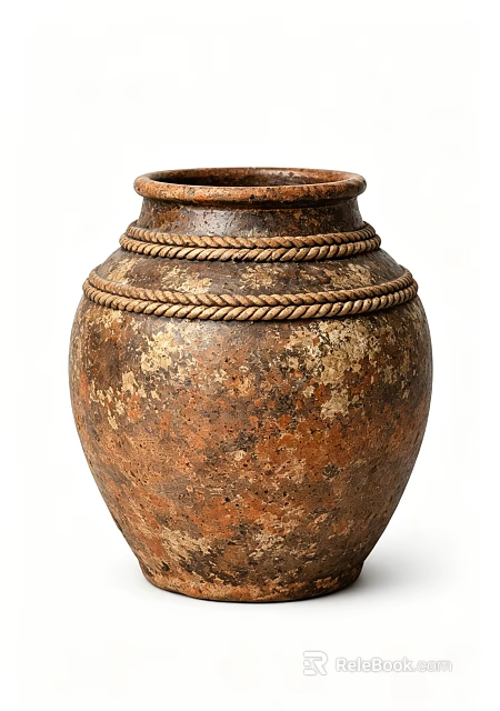 Rustic Ceramic Jar With Brownish Mottled Texture And Woven Rope Decorations On Neck 3d model 