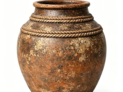 Rustic Ceramic Jar With Brownish Mottled Texture And Woven Rope Decorations On Neck 3d model
