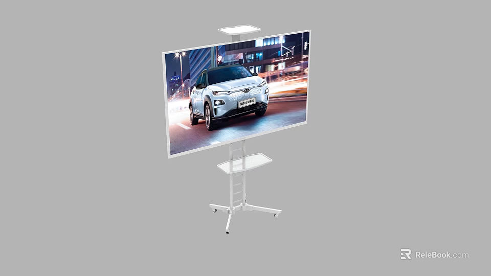 Large Screen TV on Adjustable Stand Displaying Car on City Night Road 3d model 