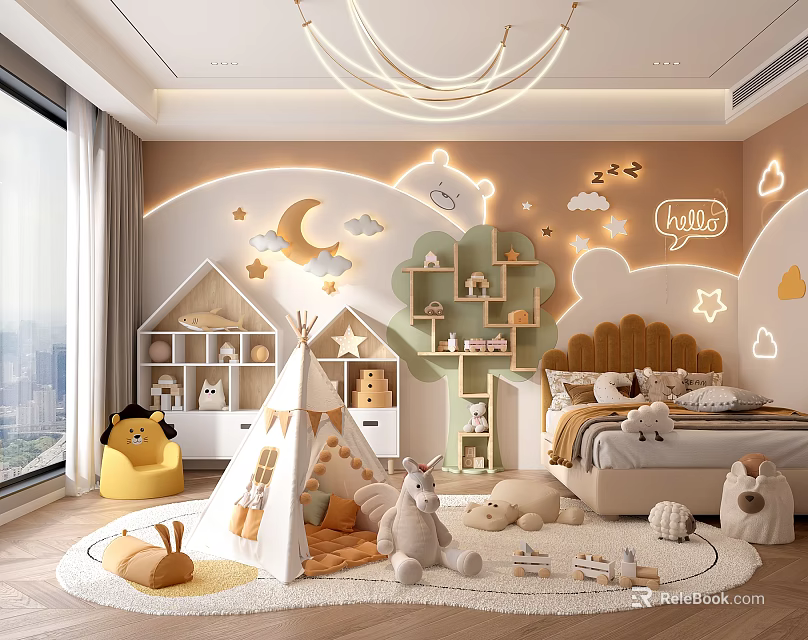 Cozy Kids Room Interior with Tent Stuffed Toys Moon Star Decorations Bed and Bookshelves 3d model 