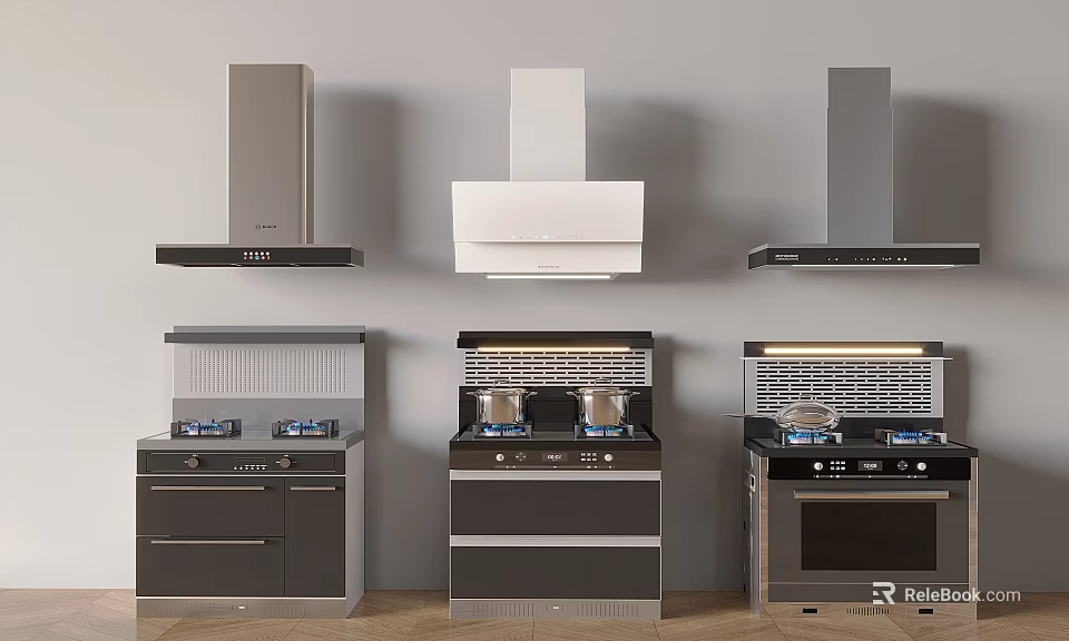 Modern Kitchen Appliances With Various Range Hoods Stoves And Oven Designs 3d model 