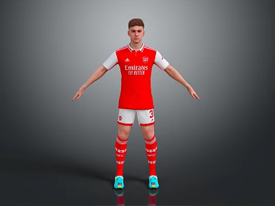 A Man Wearing Red Arsenal Jersey White Sleeves Red Shorts Striped Socks And Colorful Cleats 3d model