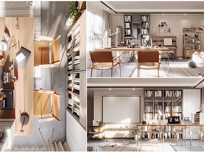 Modern Living Room Interior Design with Bookshelves Chairs Table and Natural Light 3d model