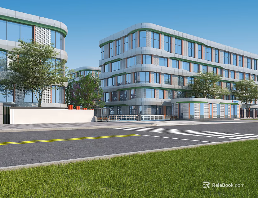 Modern Building Entrance Gate With Glass Curtain Wall Greenery And Road 3d model 