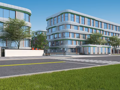Modern Building Entrance Gate With Glass Curtain Wall Greenery And Road 3d model