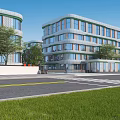 Modern Building Entrance Gate With Glass Curtain Wall Greenery And Road