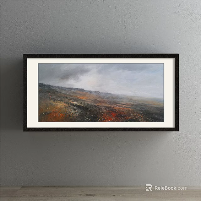 Black Framed Landscape Painting With Mountainous Terrain Cloudy Sky And Earth Tones 3d model 