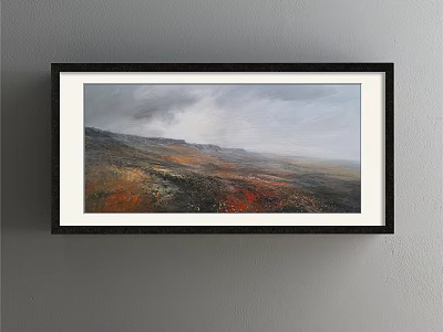 Black Framed Landscape Painting With Mountainous Terrain Cloudy Sky And Earth Tones 3d model