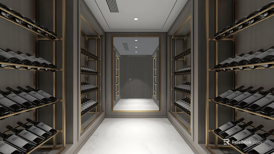 Elegant Modern Wine Cellar Interior With Metal Racks Wine Bottles And Marble Floor 3d model 