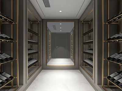 Elegant Modern Wine Cellar Interior With Metal Racks Wine Bottles And Marble Floor 3d model