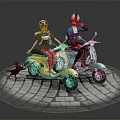 Game Movie Characters Riding Colorful Scooters With Helmets And Black Cat On Cobblestone Path