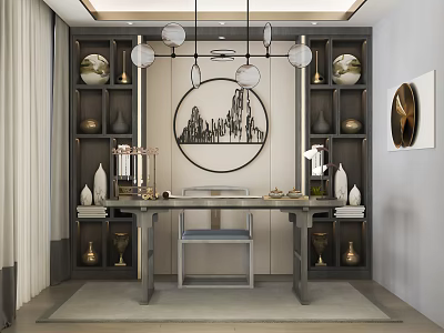 Traditional Chinese Study Room Interior With Circular Landscape Painting Wooden Bookshelves And Pendant Lights 3d model
