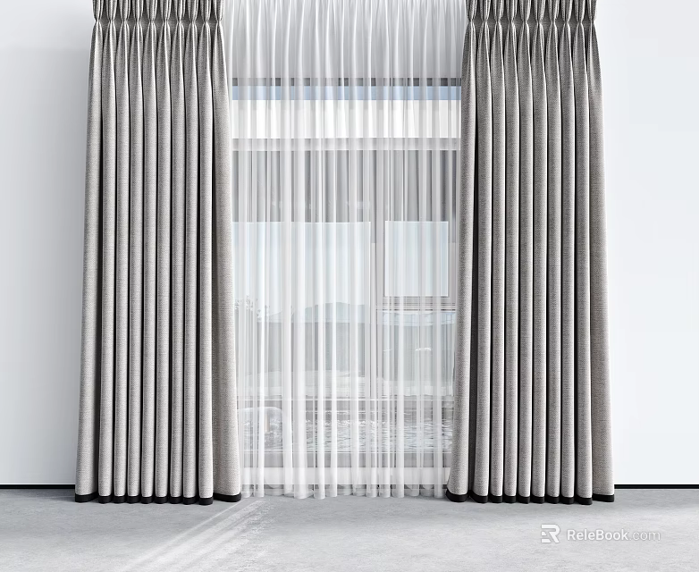 Gray Curtains With White Sheer Curtain For Modern Window And White Wall 3d model 