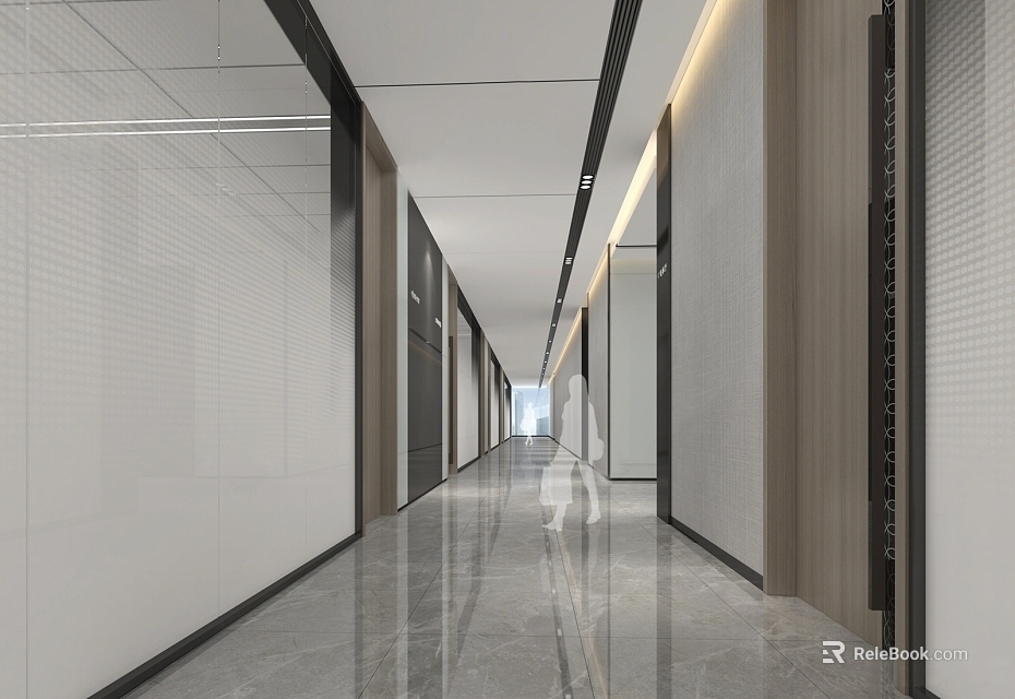 Modern Office Corridor Interior Design With Sleek Floor And Recessed Lighting 3d model 