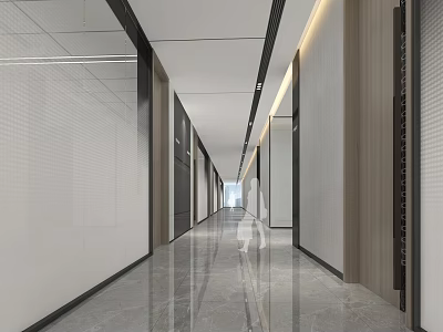 Modern Office Corridor Interior Design With Sleek Floor And Recessed Lighting 3d model