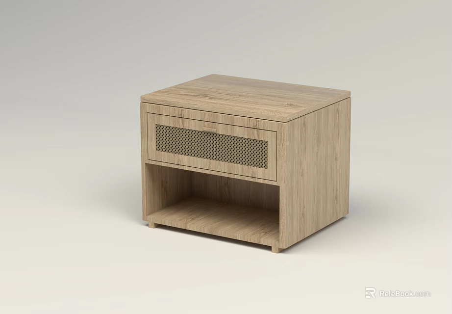 Minimalist Light Wood Bedside Table With Mesh Front Drawer And Open Shelf 3d model 