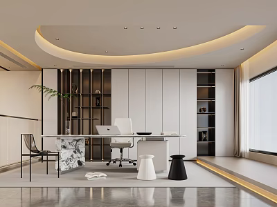 Modern Office Interior Design With Marble Desk Laptop Chair Plant And Curved Ceiling Lights 3d model