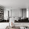 Minimalist Living And Dining Room Interior With Bookshelves Dining Table Chairs And Rug