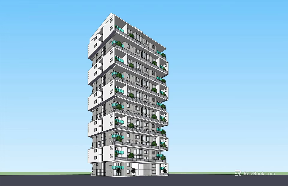 Modern High Rise Residential Building With White Gray Exterior Balconies And Green Plants 3d model 
