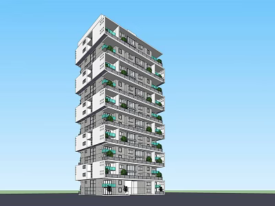 Modern High Rise Residential Building With White Gray Exterior Balconies And Green Plants 3d model