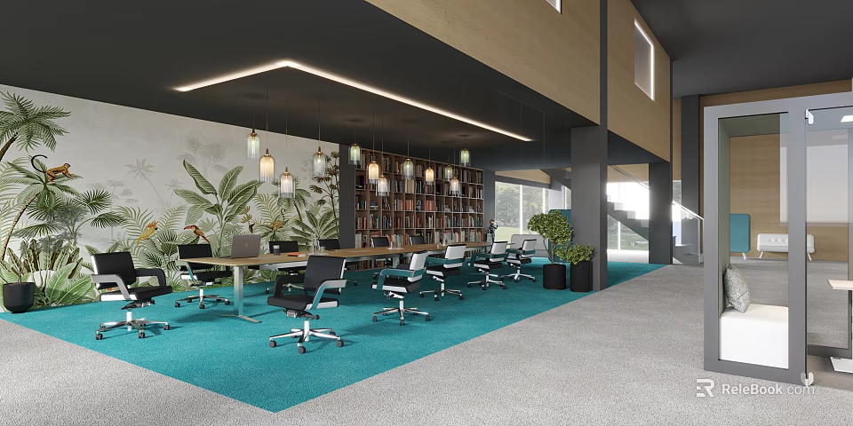 Modern Conference Room With Teal Carpet Long Table Office Chairs Bookshelves And Green Plant Wall 3d model 