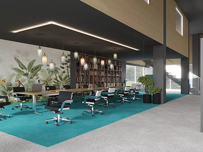Modern Conference Room With Teal Carpet Long Table Office Chairs Bookshelves And Green Plant Wall 3d model
