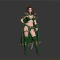 Woman In Elaborate Green Outfit With Long Hair Cloak Ornate Belt And Gloves
