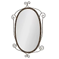Decorative Ornament Set Featuring Oval Mirror With Wooden Frame And Metal Scrollwork