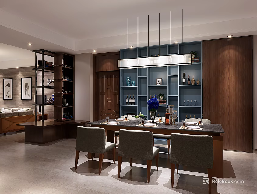 Modern Restaurant Interior With Dining Table Chairs Hanging Lights And Wooden Shelves 3d model 