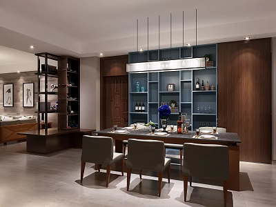 Modern Restaurant Interior With Dining Table Chairs Hanging Lights And Wooden Shelves 3d model